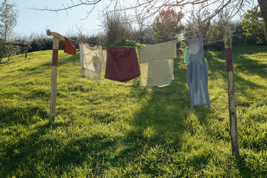 Laundry is drying on a clothesline outdoors.