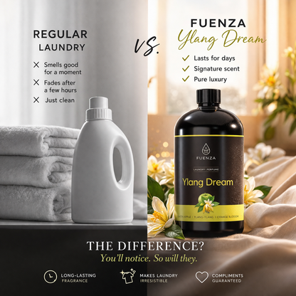 Comparison of regular laundry detergent with Fuenza Ylang Dream perfume bottle, highlighting differences.