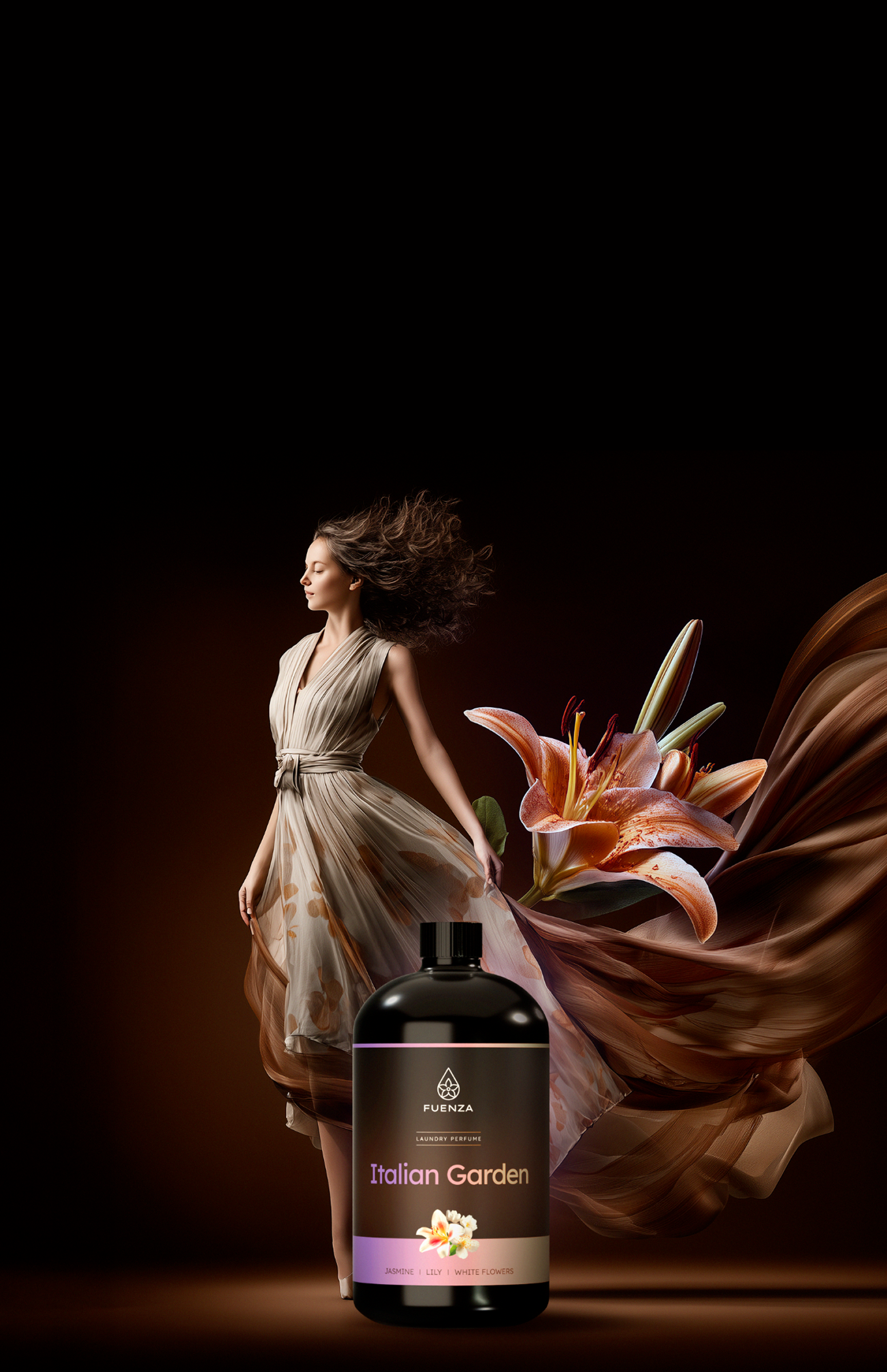 Bottle of 'Italian Garden with a woman and flowers in the background
