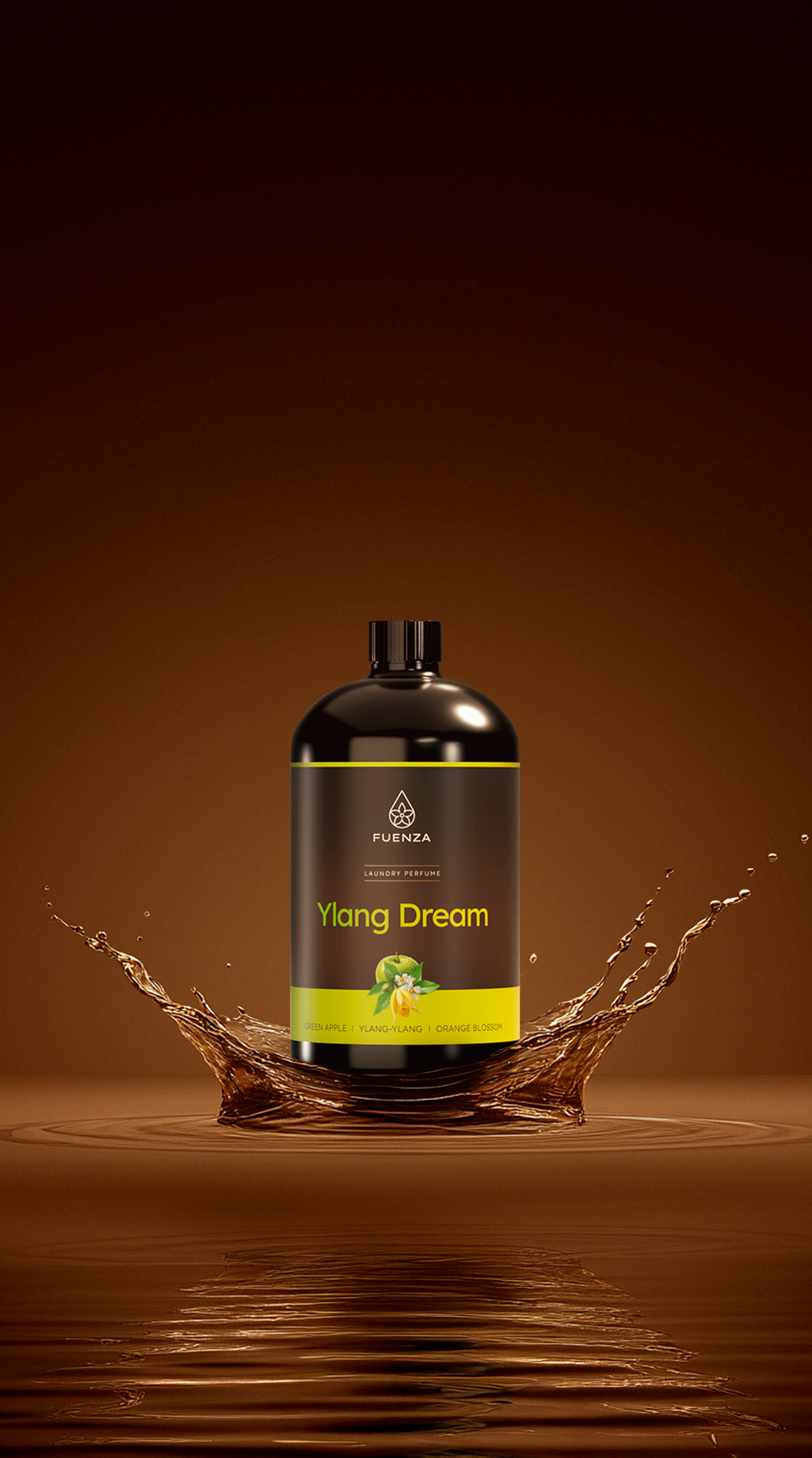 Bottle of Young Dream on a reflective surface with a brown background
